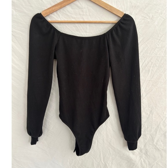 Altard State Bodysuit XS Black Ribbed Long Sleeve Ruched Sweetheart Neckline - Picture 3 of 5